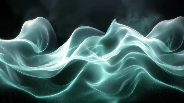 Ethereal glowing wave patterns flowing across dark background in motion