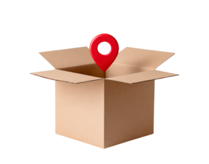 Open cardboard box with red location pin for delivery and navigation concept