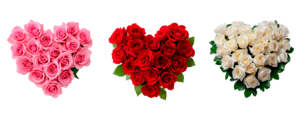 Romantic heart-shaped pink, red, and white rose arrangements for celebrations and decor