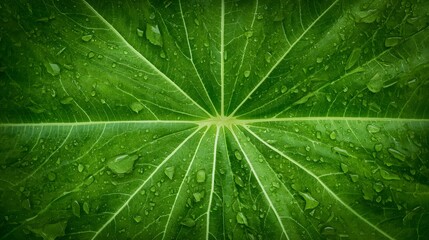 Close-up macro view of a vibrant green leaf with detailed veins and fresh water droplets creating a natural, refreshing organic texture background