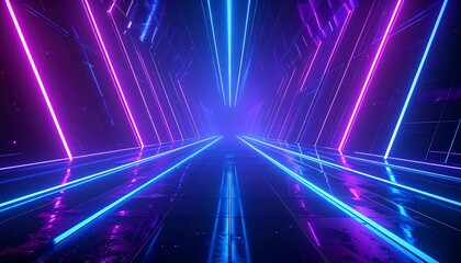 Fototapeta premium Abstract geometric tunnel with neon lights in blue and pink, creating a futuristic and vibrant perspective.