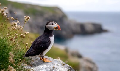  beautiful, colorful puffin perched on a rock with oceanic vegetation