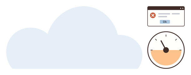 Cloud shape paired with error alert pop-up and speed gauge indicator. Ideal for data storage, system error, performance monitoring, technology, internet issues, troubleshooting, simple flat metaphor