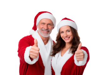 Joyful couple in santa outfits celebrating christmas with thumbs up gesture