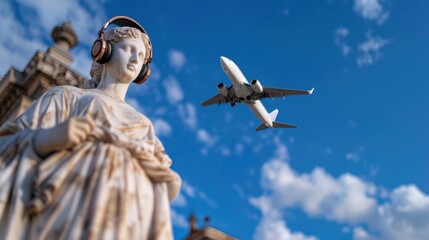 Statue wearing headphones with airplane flying in blue sky and clouds, modern meets classic, unique juxtaposition of art and technology