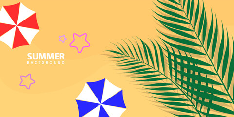 Yellow summer tropical background with palm leaves. Minimal flat design in bright color palette. Vector illustration perfect for vacation, beach, travel, and seasonal creative projects
