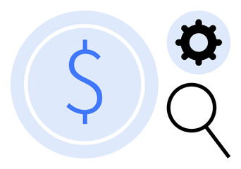 Dollar sign in circle, gear, and magnifying glass focus on money management, problem-solving, and analysis. Ideal for finance, business strategy, optimization, technology research investment