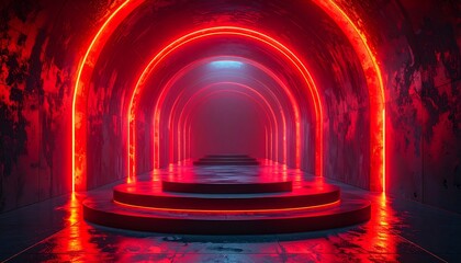 Obraz premium A dark tunnel with a platform illuminated by red neon rings, creating a futuristic and mysterious atmosphere.
