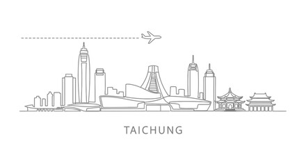 Obraz premium Taichung Skyline Line Art with Airplane