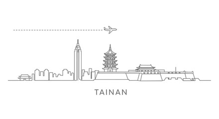 Obraz premium Tainan Skyline with Airplane Silhouette