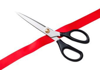 Ribbon cutting ceremony concept with scissors and red ribbon on transparent background