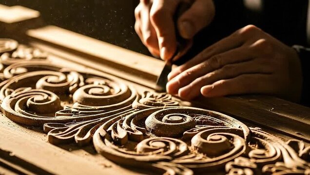 A craftsman meticulously carves intricate wooden designs, the chisel expertly shaping the details
