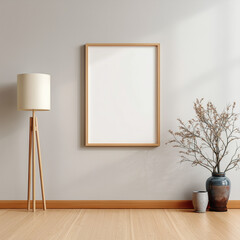 there is a 50cm x 70cm empty wooden photo frame in the minimal the room with a plant in the pot and a high lamp. it can be used for mock-up.