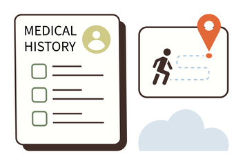 Medical history checklist alongside activity path with a location pin. Ideal for health records, fitness goals, patient tracking, healthcare management, wellness plans, navigation, simple flat