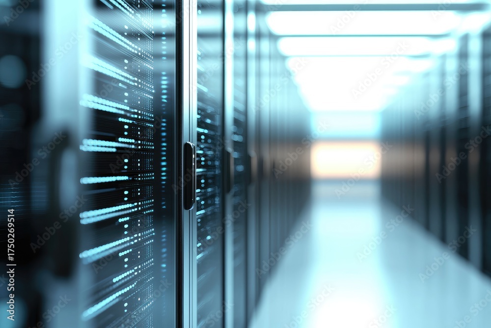 Wall mural modern ai data center corridor with soft lighting and blurred depth, ideal for it infrastructure, cl