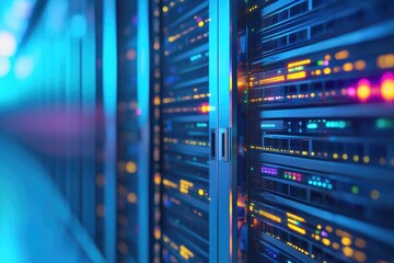 Naklejka premium Futuristic AI data center with vibrant blue and orange illuminated servers, ideal for IT infrastructure visuals, cloud computing, and advanced technology presentations