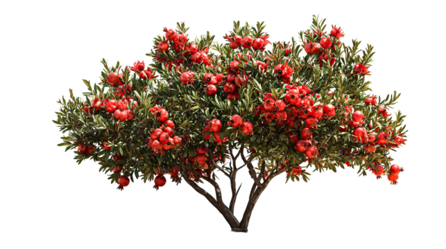 Floating pomegranate tree with red flowers and small fruits on transparent background
