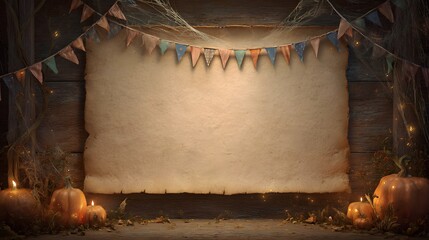Halloween background with pumpkins candles and banner for text space and copy space area