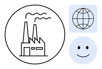Factory with smokestacks, globe representing global reach, and smiling face symbolizing positivity. Ideal for sustainability, global business, eco-awareness, industry, technology, teamwork