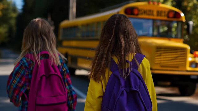 Two children walking towards a school bus on a sunny day.