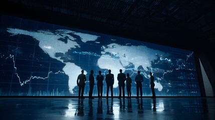 Business team analyzing global market trends and financial data on interactive display wall