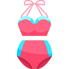 Pink and blue two piece bikini swimsuit with halter neck top and high waisted bottoms flat illustration on a transparent background