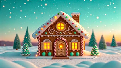 Gingerbread house decorated with icing and candy in snowy winter landscape  
