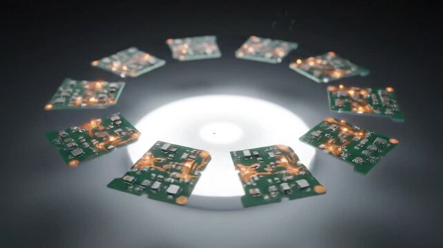 Illuminated Circuit Boards Arranged in a Circular Pattern on a White Surface, Suggesting Technology and Innovation