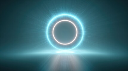Glowing Neon Ring Portal Entrance With Light Rays On Dark Textured Background