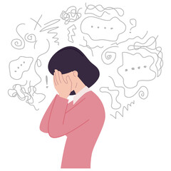 Person Covering Face With Hands Surrounded By Abstract Symbols Of Stress And Confusion With Speech Bubbles Representing Overwhelmed Thoughts In Pink Shirt And Transparent Background