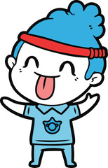 Cartoon illustration of a cheerful person in athletic wear with a headband, sticking their tongue out playfully.