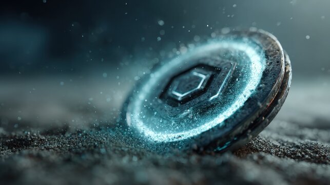 Futuristic Digital Coin Glowing With Blue Light Partially Buried in Sand - Powered by Adobe