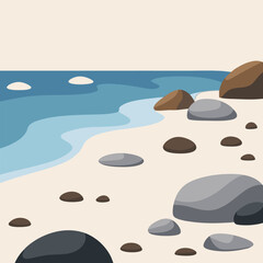 Rocky shoreline with variety of stones and pebbles scattered across beach vector landscape background.