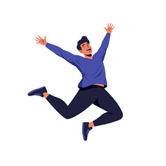 Fototapeta premium Joyful Man Leaping High with Arms Raised in Celebration.