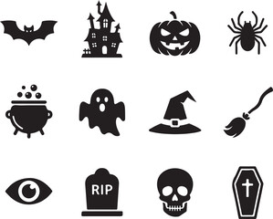 Obraz premium Spooky Silhouette: A collection of classic Halloween elements, presented as stark black silhouettes, ideal for designing festive material. 