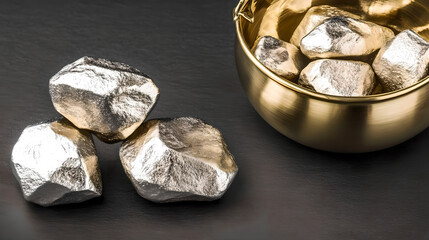 Raw molybdenum ore crystals on black shale with metallic reflections,showcasing strategic mineral resources and clean energy materials for industrial use.