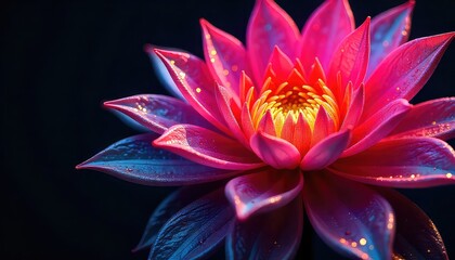 A close up shot of a vibrant pink lotus flower with a yellow center against a dark background