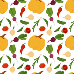 Simple flat vegetables seamless pattern. Colorful autumn harvest of pumpkin zucchini eggplant cucumber potato onion pepper tomato cabbage corn carrot for healthy and vegetarian food design