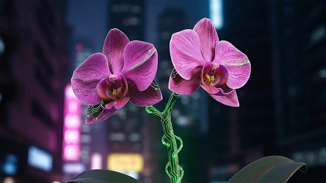 Purple orchid with glowing green circuit stems blooms in futuristic city night atmosphere. Technology nature concept. seamless looping 4k video background