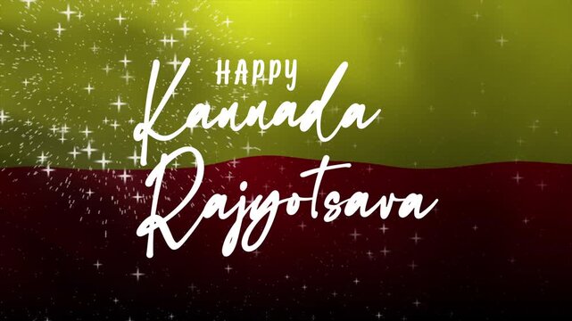 Happy Kannada Rajyotsava Text Animation with waving flag and fireworks. Great for social media greetings, video backgrounds, or motion graphic.