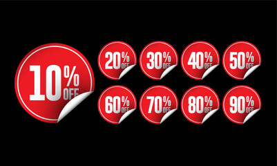 10%, 20%, 30%, 40%, 50%, 60%, 70%, 80%, 90% Discount On Round Stickers Set. Sale tags set vector round stickers template. Special Discount symbol. Discount promotion. Discount round shape.