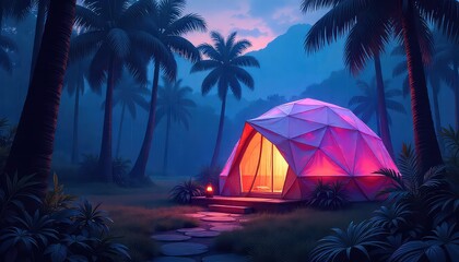 Illuminated dome tent nestled among palm trees at dusk creating a tranquil tropical camping scene