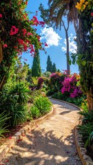 Obraz premium Vibrant Pink Flowers Line a Sunny Garden Path