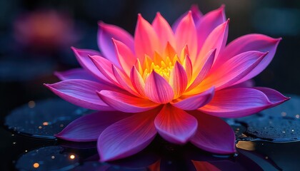 Close up of a vibrant lotus flower with pink and purple petals on a dark reflective surface