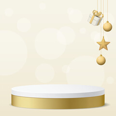 3D blank golden podium display have Christmas balls, star and gift box hanging above with square background graphic illustration.