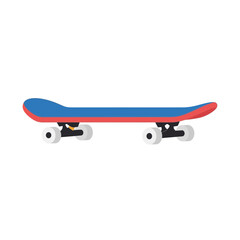A skateboard with blue and red deck and white wheels on white background.