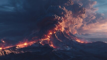 Volcanic eruption spewing molten lava, ash, and smoke into the atmosphere during daylight hours, creating a dramatic natural disaster scene