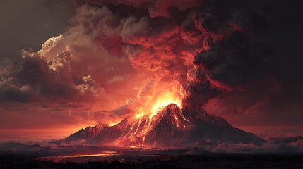 Fototapeta premium Fiery volcano erupting with lava spewing into a stormy, dramatic sky, showcasing nature's raw power and destruction