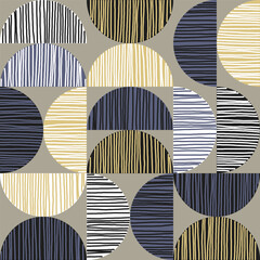 Abstract seamless pattern featuring half circles shapes in a soft, muted, and earthy color palette filled with hand-drawn vertical lines, creating a woven or rustic look