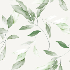 Botanical seamless pattern featuring watercolor-inspired style of intertwining green leaves and branches on a light brown background